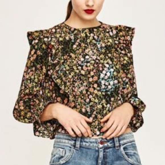 zara printed blouse with ruffles